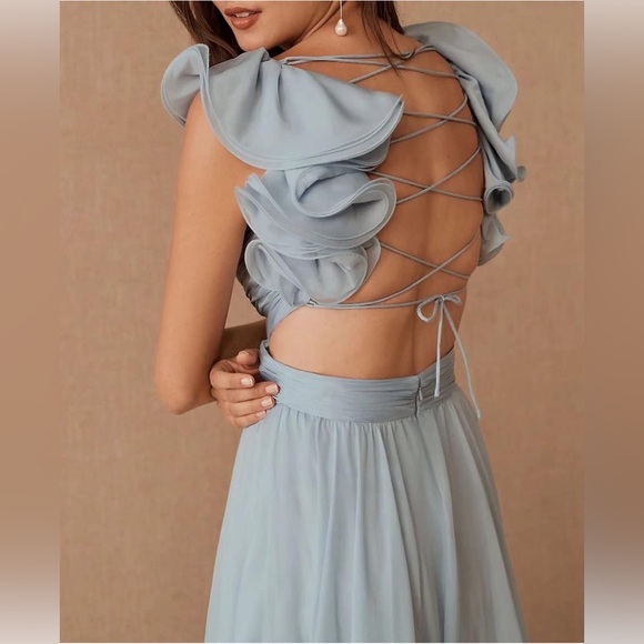 Coral Chiffon Ruffle Tiered Cut-Out Gown - Size 4 - Picture 9 of 12